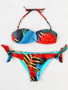 Romwe Tropical Print Side Tie Bikini Set