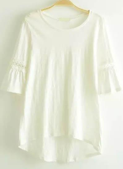 Romwe White Round Neck Lace Dip Hem T-shirt
