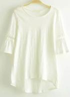 Romwe White Round Neck Lace Dip Hem T-shirt