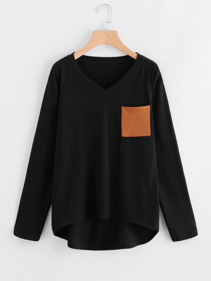 Romwe Contrast Suede Elbow Patch Dip Hem T-shirt