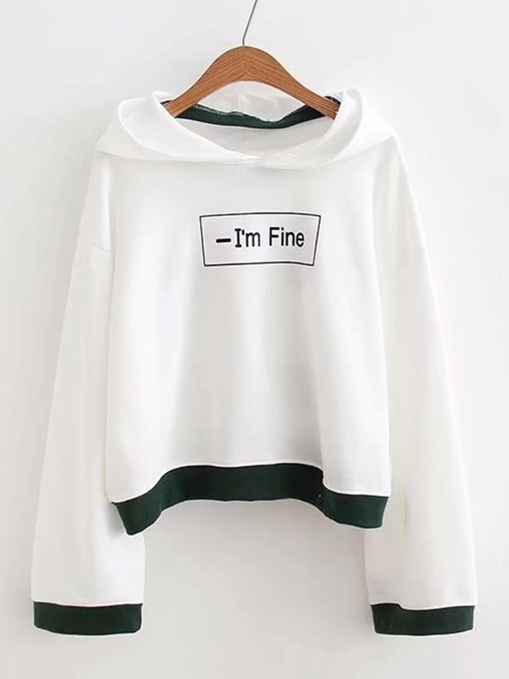 Romwe Contrast Trim Slogan Print Hoodie