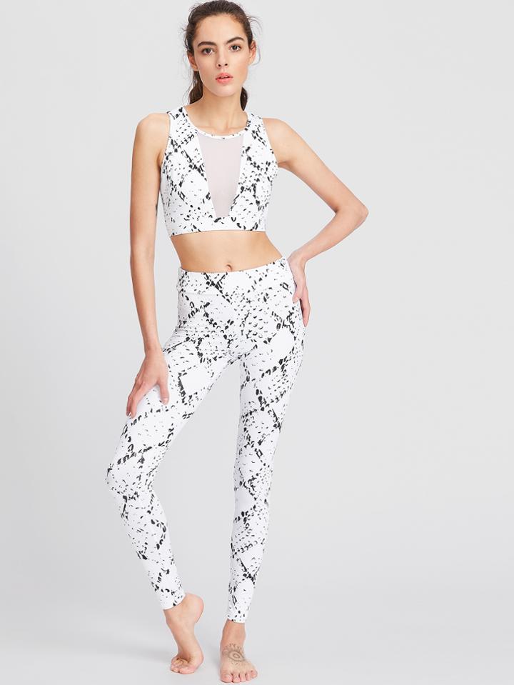 Romwe White Ink Painting Print Crop Tank Top With Leggings