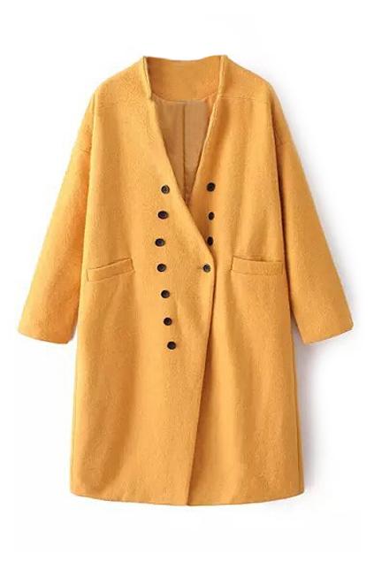 Romwe Double-breasted And Pocketed Slim Yellow Coat
