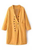 Romwe Double-breasted And Pocketed Slim Yellow Coat