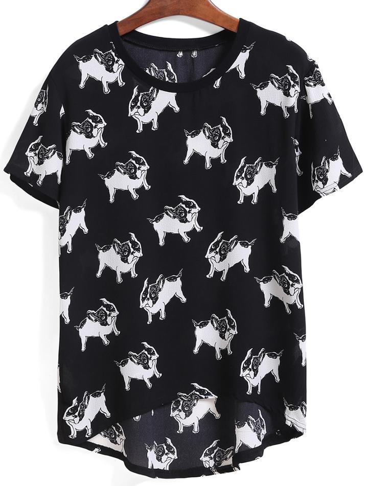 Romwe Dip Hem Dog Print Black T-shirt