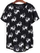 Romwe Dip Hem Dog Print Black T-shirt