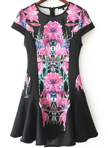 Romwe Black Cap Sleeve Floral Flouncing Dress