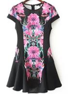 Romwe Black Cap Sleeve Floral Flouncing Dress