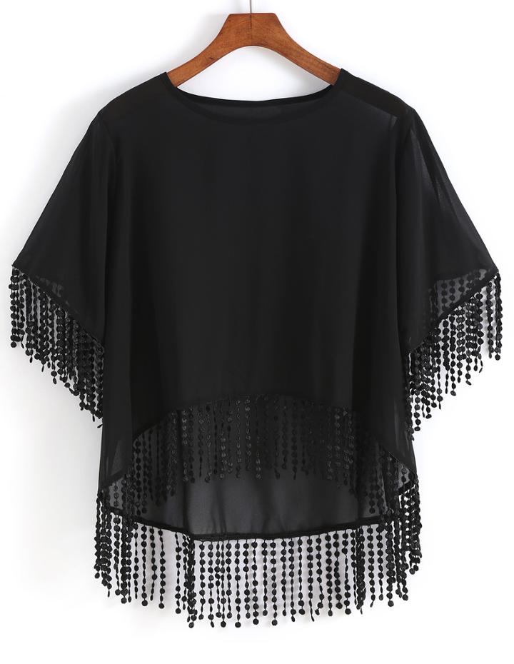 Romwe Dip Hem With Tassel Chiffon Top