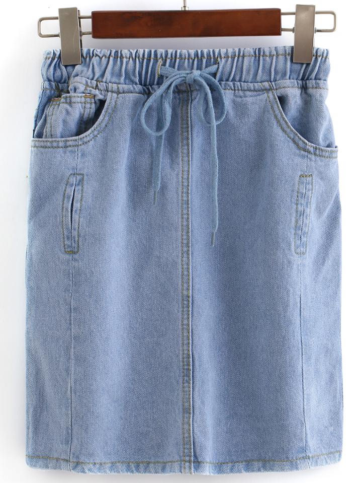 Romwe Drawstring Back Split Denim Skirt