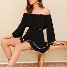 Romwe Tie Neck Bardot Top And Pompom Skirt Set