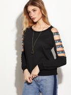 Romwe Black Ladder Cutout Sleeve Embroidered Sweatshirt