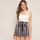 Romwe Striped Belted Shorts