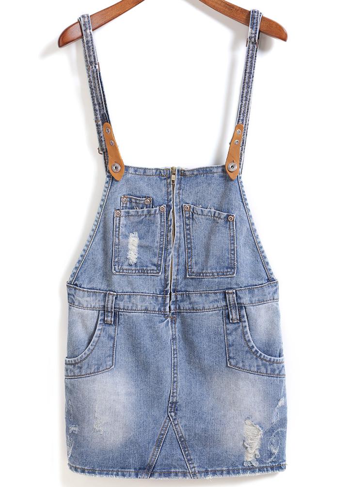 Romwe Straps With Pocketd Denim Dress