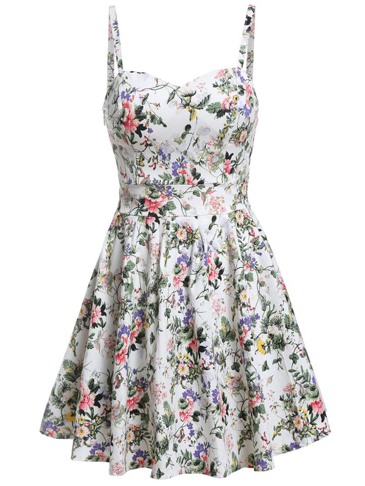 Romwe Spaghetti Strap Florals Pleated White Dress