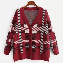 Romwe Plus Single-breasted Plaid Knit Coat