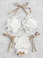 Romwe Crochet Flower Velvet Bikini Set