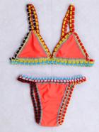 Romwe Orange Crochet Trim Triangle Bikini Set