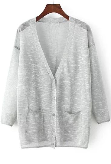 Romwe V Neck With Pockets Grey Cardigan