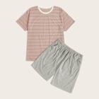 Romwe Guys Striped Top With Shorts Pj Set