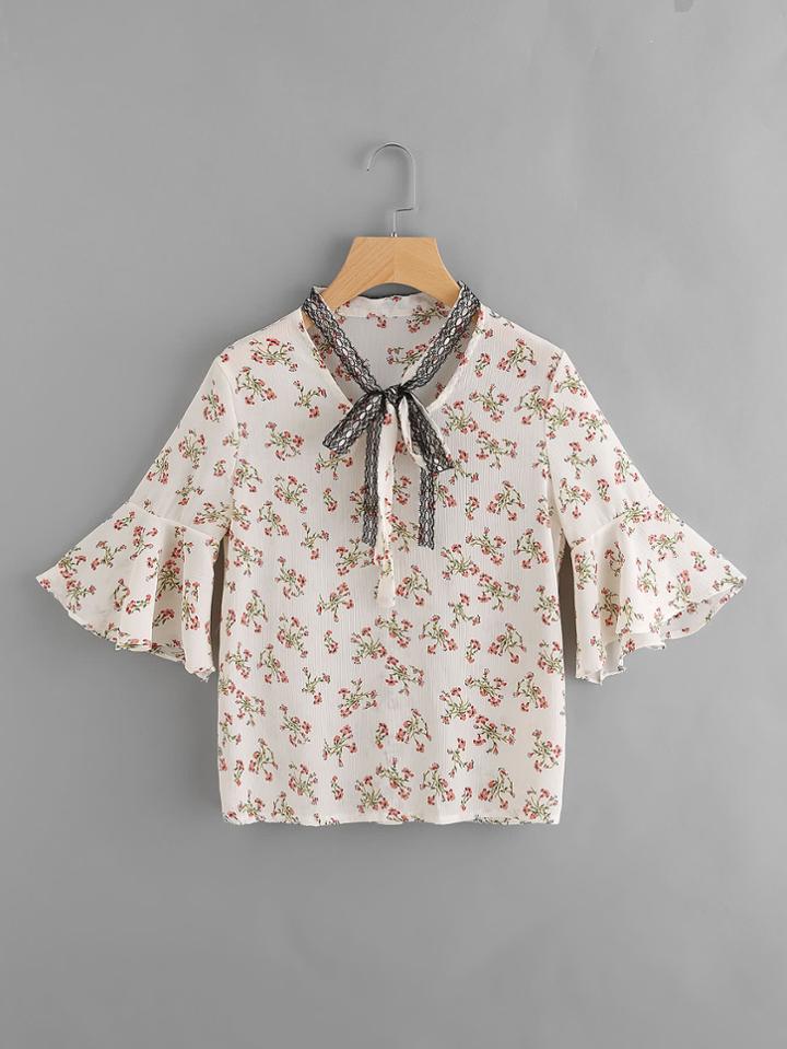 Romwe Fluted Sleeve Ditsy Print Random Tie Blouse