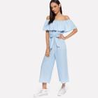 Romwe Off-shoulder Tie Waist Wide Leg Denim Overalls