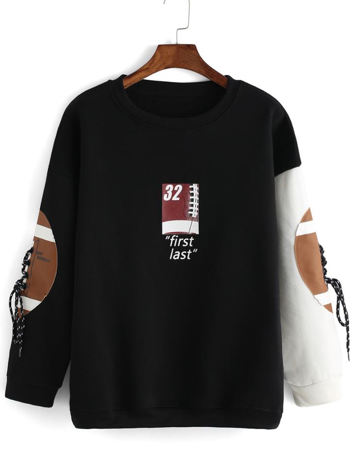 Romwe Round Neck Letter Print Patch Bandage Black Sweatshirt