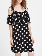 Romwe Self Tie Cold Shoulder Flounce Polka Dot Dress