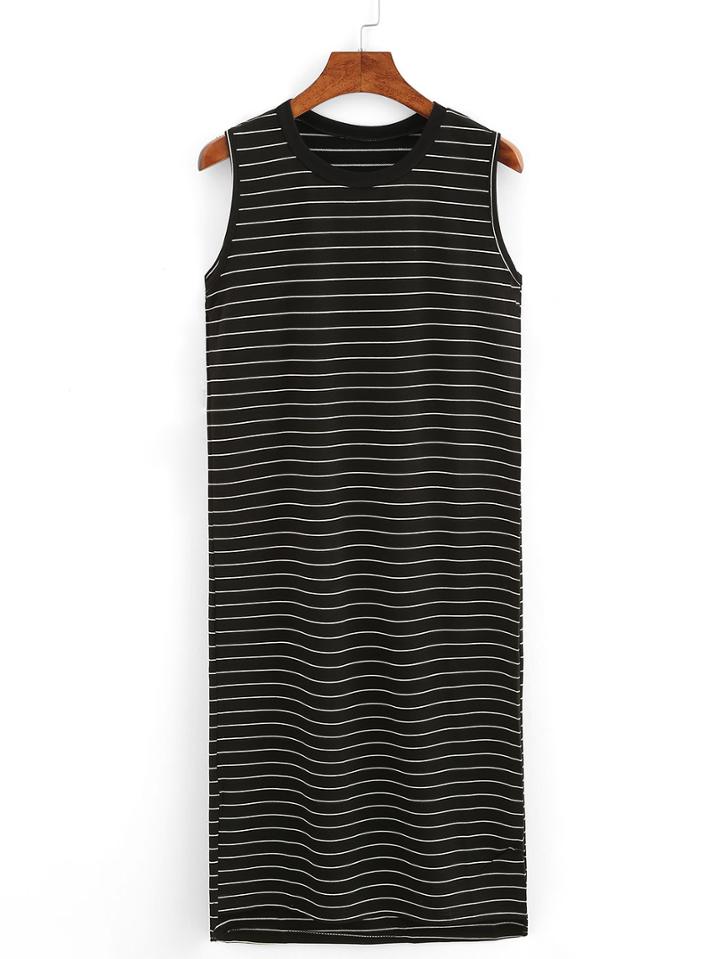 Romwe Ribbed Neck Striped Tank Dress - Black