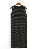 Romwe Ribbed Neck Striped Tank Dress - Black