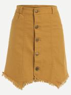 Romwe Yellow Buttoned Front Asymmetric Raw Hem Denim Skirt