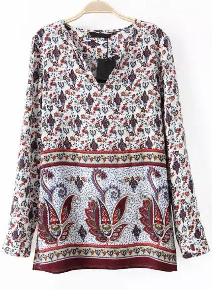 Romwe White V Neck Long Sleeve Cashew Print Blouse