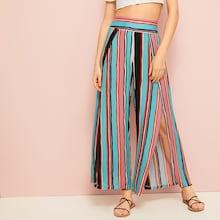 Romwe Rainbow Stripe Slit Wide Leg Pants