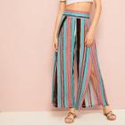 Romwe Rainbow Stripe Slit Wide Leg Pants