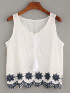 Romwe White Tie Neck Eyelet Embroidered Tank Top