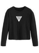 Romwe Black Letter Print Drop Shoulder Crop T-shirt
