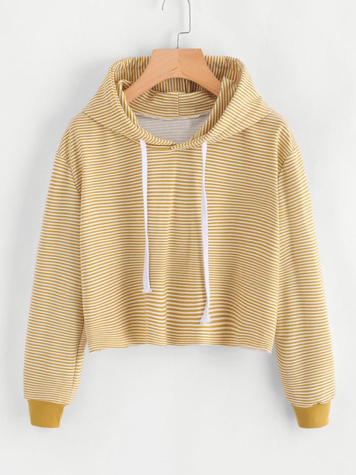 Romwe Striped Hooded Crop Sweatshirt