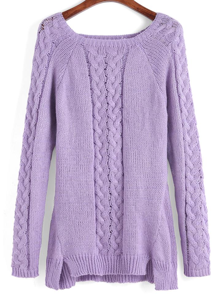 Romwe Square Neck Cable Knit Slit Purple Sweater