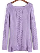 Romwe Square Neck Cable Knit Slit Purple Sweater