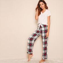 Romwe Solid Top & Plaid Pants Pj Set