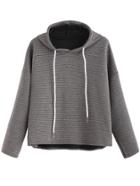 Romwe Dark Grey Hooded Ribbed Drawstring Sweatshirt