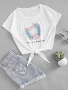 Romwe Donuts Print Knot Front Tee