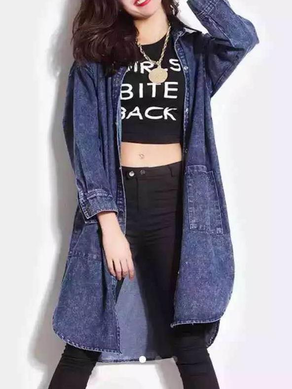 Romwe Lapel Split Side Denim Long Blue Coat With Pockets