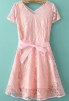 Romwe V Neck Lace With Belt Pleated Dress