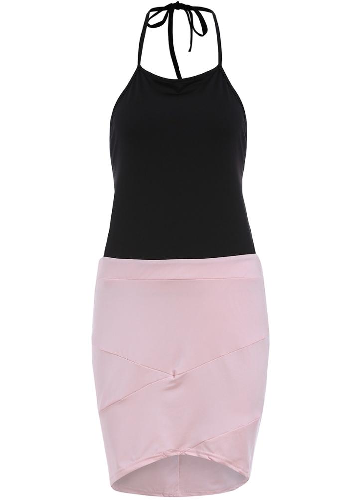 Romwe Color-block Halter Backless Asymmetrical Dress