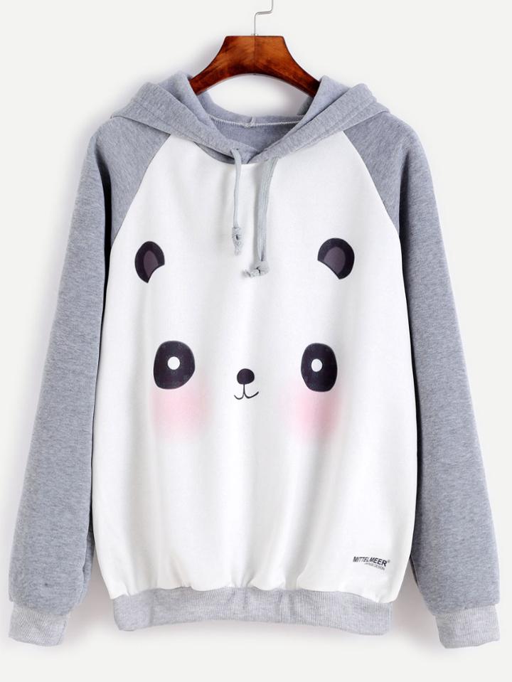 Romwe Contrast Cartoon Panda Print Raglan Sleeve Hooded Sweatshirt