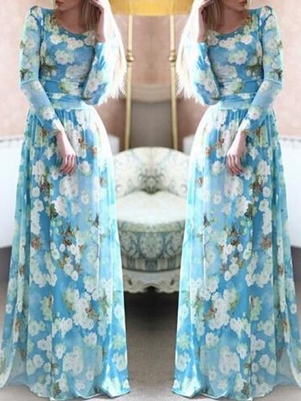 Romwe Long Sleeve Florals Maxi Sky Blue Dress