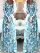 Romwe Long Sleeve Florals Maxi Sky Blue Dress