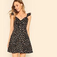 Romwe Knot Front Ruffle Trim Floral Dress