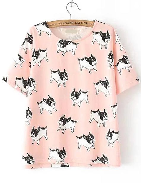 Romwe Dip Hem Dog Print Pink T-shirt
